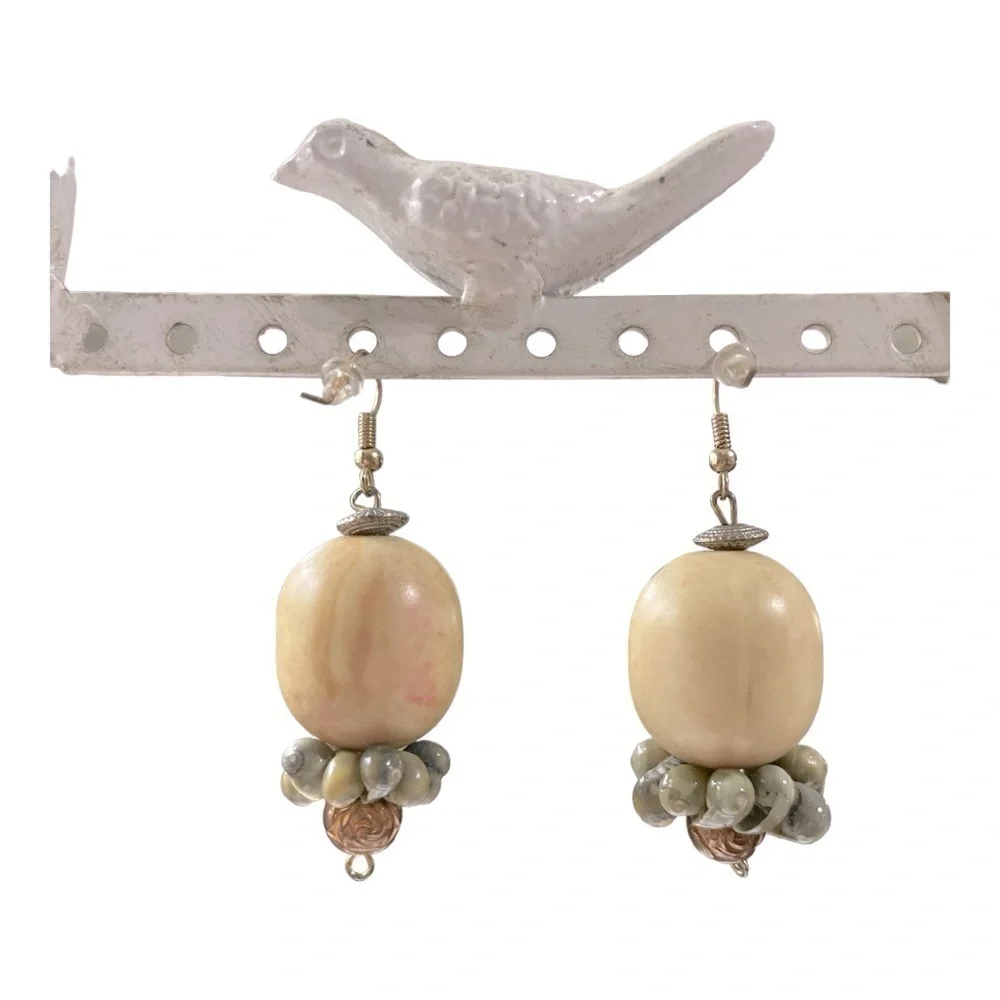 Handmade drop earrings with shells, beads and stone